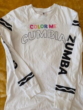 Zumba Fitness White Long Sleeve COLOR ME CUMBIA Tee with Multicolor Accent